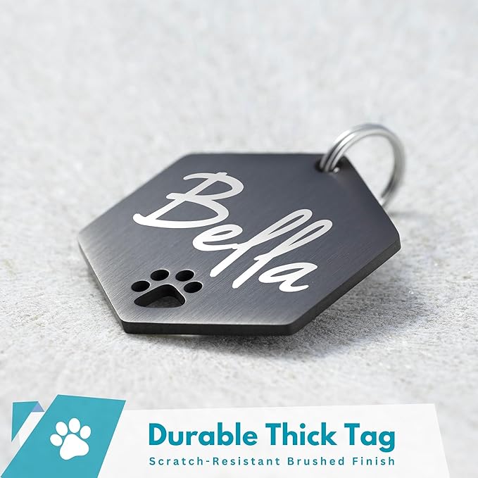 Ultra Joys Dog Tags Personalized for Pets - Hollow Paw Custom Pet ID Tag - Engraved Dog Tag for Small, Large Dogs - Large Hexagon in Black