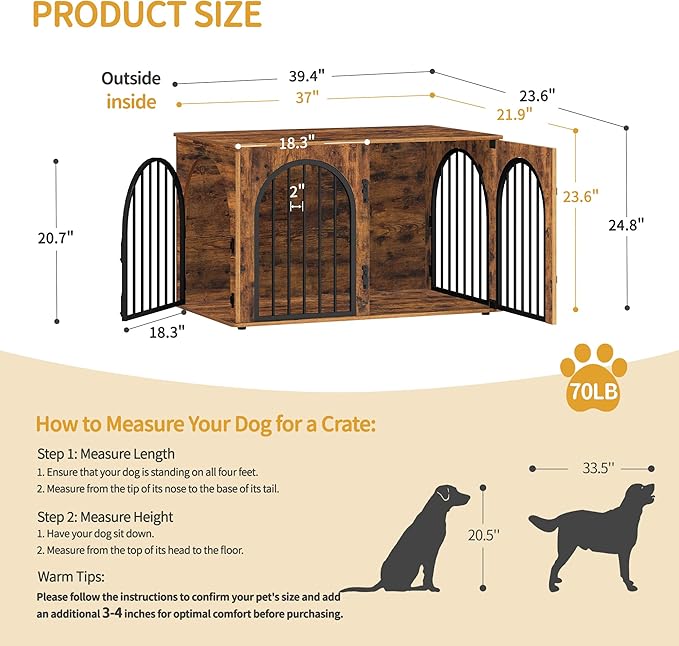 39.4" Wooden Dog Crate Furniture, Indoor Dog Kennel Dogs Cage for Small/Medium/Large Dogs, Heavy Duty Dog Crates Decorative Pet House End Side Table TV Stand, Rustic Brown DFC84101B
