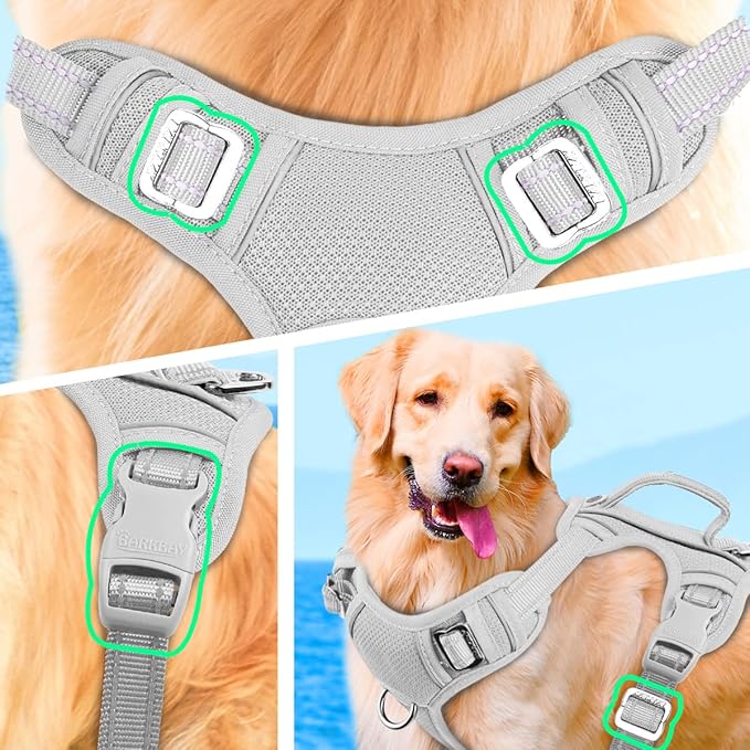 BARKBAY No Pull Dog Harness Large Reflective Dog Harness with Front Clip and Easy Control Handle for Walking Training Running with ID tag Pocket(Grey,M)