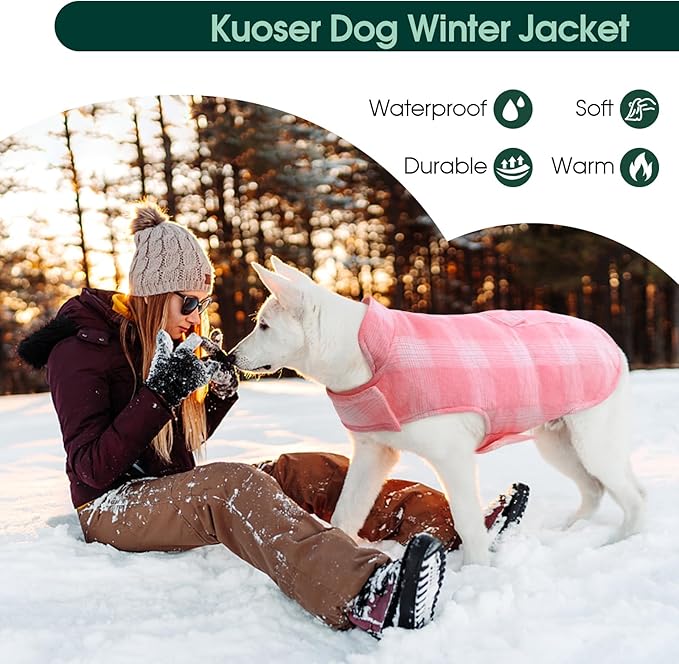 Kuoser Reversible Winter Coat, British Style Jacket for Medium and Large Dogs - Warm Windproof Puppy Cold Weather Clothes Vest, Pink L