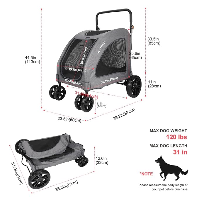 Dog Stroller with 4 Wheels, Folding Cat Strolling for Small/Medium/Large Dogs & Cats to 120 lbs, pet Stroller with Removable Carrier, Storage Basket,Cup Holder (Dark Grey)
