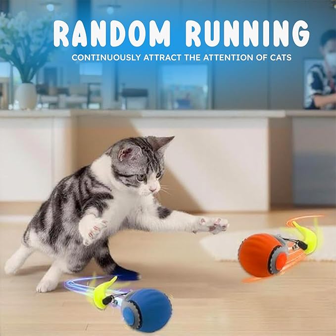 Turbo Tail 3.0 Cat Toy (2-Pack) – 2025 Smart Interactive Cat Toy Ball, Speedy Motion-Activated Toy for Indoor Cats, Rechargeable & Durable Design (Orange & Blue)