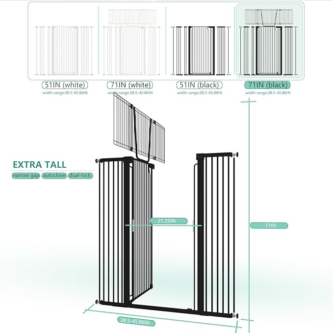 Jiprlak51 Extra Tall Cat Gate for Doorway – 28.5"-48.7" Extra Wide Pet Gate with Adjustable Cat Door Wide,Auto Close, Pressure Mounted, Pet Gate for Cats & Small Dogs, Hallway, Stairs, Kitchen
