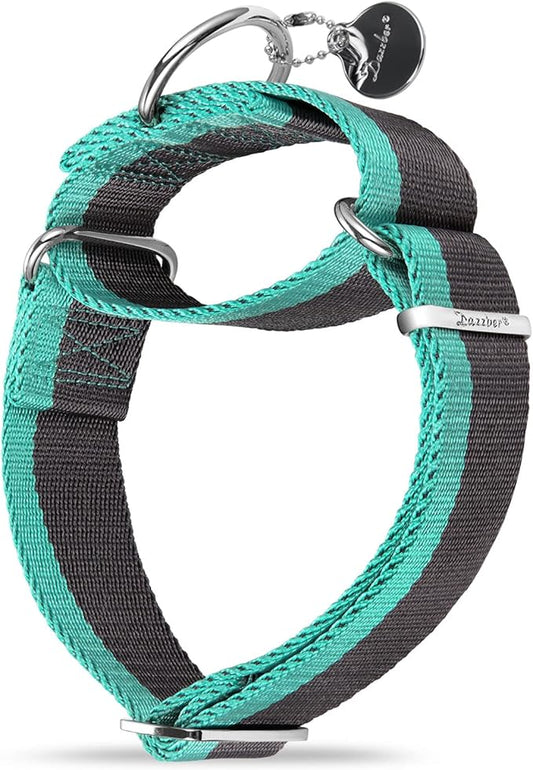 Martingale Collar 1.5 Inch Wide 1200D Extra Strong Nylon Dog Collar, No Pull Heavy Duty Dog Collar with 2-Color Stripe for Medium to XLarge Dogs (Large, 1 1/2 Inch Wide, Wide Grey & Blue)