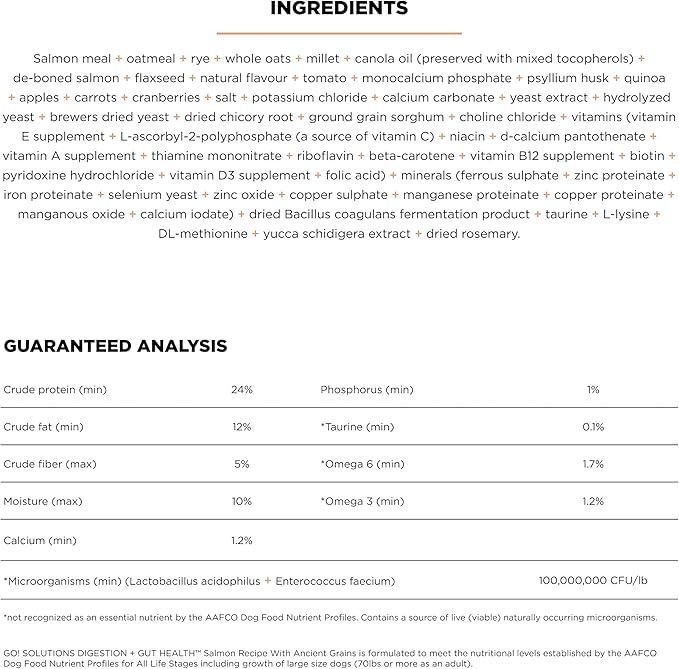 Go! Solutions Digestion + Gut Health, Dry Dog Food, Salmon Recipe with Ancient Grains, 3.5 lb Bag