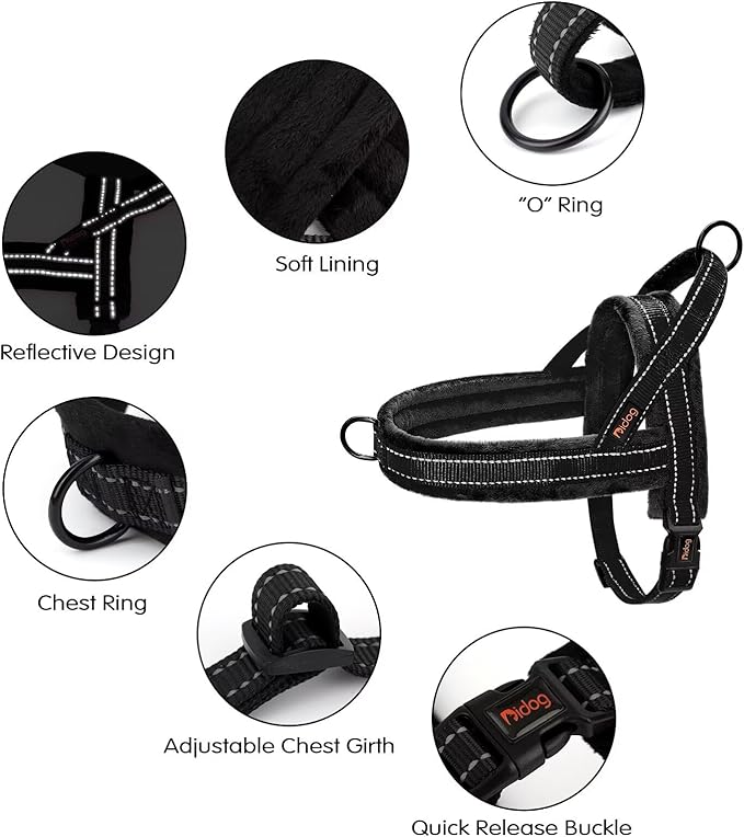 Didog Soft Flannel Padded Dog Vest Harness, No Pull/Quick Fit Reflective Dog Strap Harness, Easy for Training Walking (L:Chest 26-32", Black)