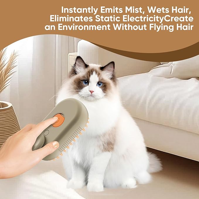 4-in-1 Steam Cat Brush for shedding–Self-Cleaning Comb for Long and Short Hair Cats and Dogs, Steam Pet Brush for Hair Removal, Vibrating Message, Grooming & Relaxation (Khaki)