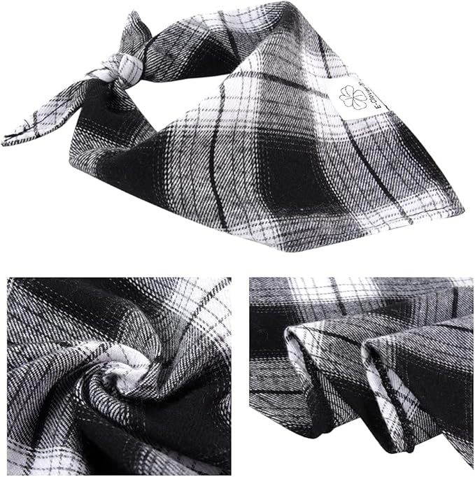 E-Clover Christmas Plaid Dog Scarf & Matching Scrunchie Set - Triangle Pet Bandana Bibs for Small Dog Puppy Owner Birthday Gifts - Black & White