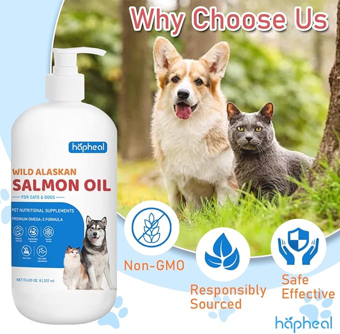 Wild-Caught Salmon Oil for Dogs & Cats - Omega 3 EPA DHA,Fish Oil Liquid Supplement for Skin & Coat, Joint & Bone Health (8 FLOZ)
