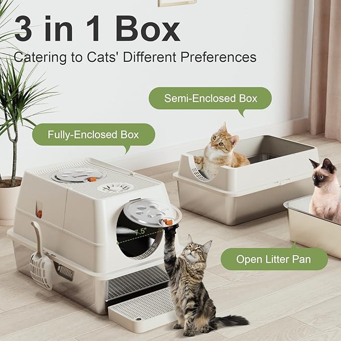 Stainless Steel Litter Box with Lid, XL Extra Large Litter Box, Enclosed Top Entry Metal Litterbox for Big Cats, Easy Cleaning, Anti-Leakage & High Sided with Mat, Aisle & Scoop, Beige