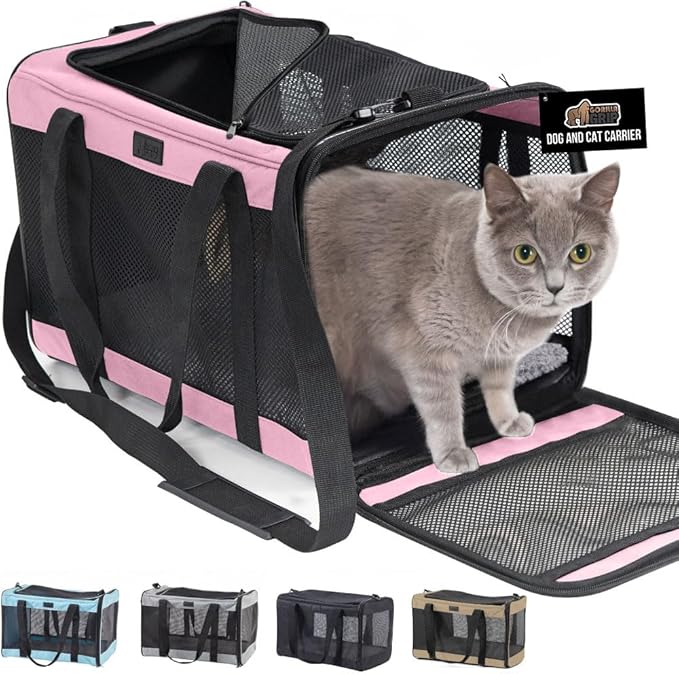 GORILLA GRIP Cat Carrier Travel Bag Up to 15 Lbs, Soft Collapsible Small Dog Carriers, Top and Side Entry Breathable Mesh, Grip Feet on Underside, Cozy Washable Waterproof Pad, Portable Kennel, Pink
