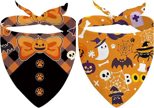Halloween Dog Bandanas 2 Pcs, Pet Scarf for Dog Girl Boy, Spooky Triangle Puppy Scarf Kerchief Bandana Pet Dogs On Halloween, Ghost Pumpkin Bat Print Gifts for Dogs Lovers (Medium)