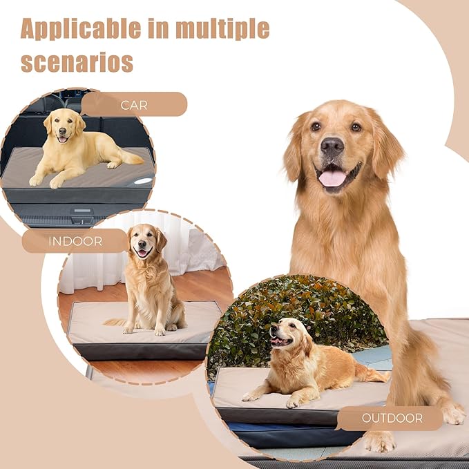 Orthopedic Outdoor Waterproof Dog Beds for Large Dogs, Washable Crate Bed with Egg Crate Foam Pet Bed Mat and Removable Oxford Fabric Cooling Cover Bed,41"x 29",Beige