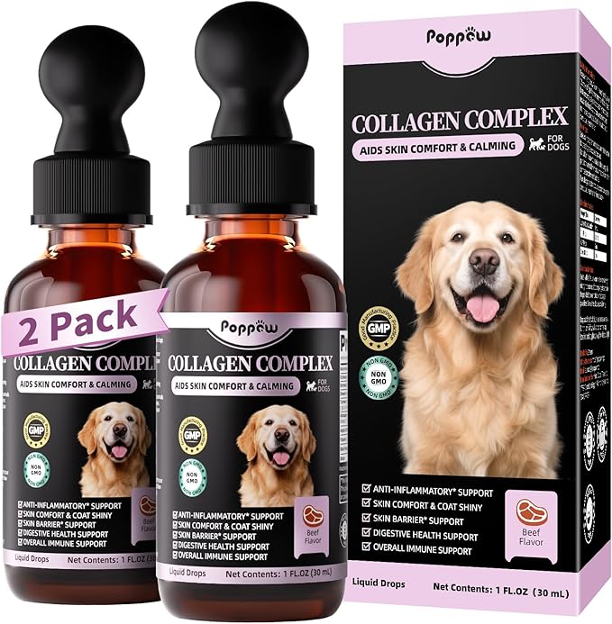Liquid Collagen for Dogs Skin Comfort & Calming, Dog Itch Relief & Anti-Scratching & Coat Supplement with Biotin for Skin Barrier & Sensitive Immune Health Support - Beef Flavor, 2 FL.Oz