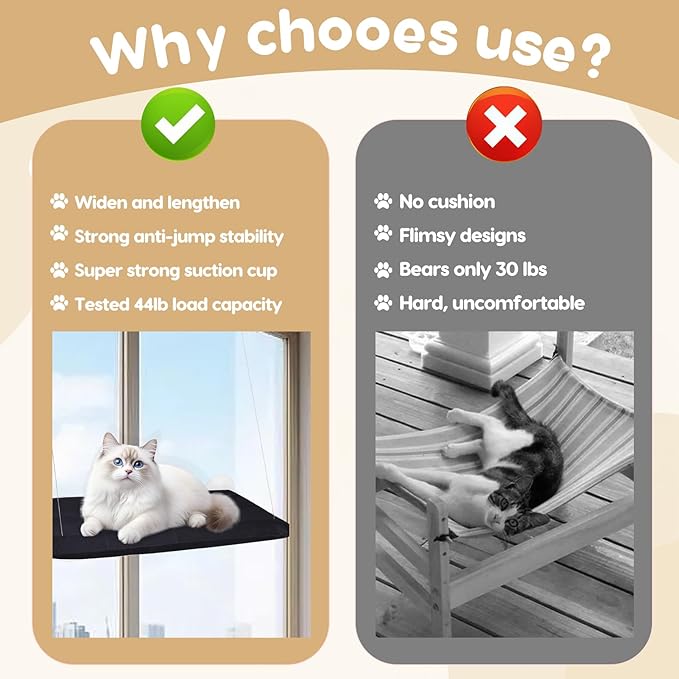 Cat Window Perch, Hanging Cat Hammock for Window, Foldable Cats Windows Bed with 4 Suction Cup, Windows Hammock for Cats Inside Perch Hold up to 44 Pounds Two Pets