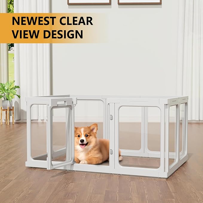 Clear Acrylic Dog Playpen with Door, for Puppy Rabbit Transparent Pet Pen, Dog Playpen Indoor, Dog Fence, Easy Assemble & Cleaning Dog Pen for Small & Medium Dogs (23.6“ Height, 10PCS)