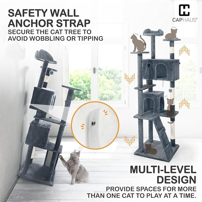 CAPHAUS Cat Tower for Indoor w/Cat Wand Toy, Modern Cute 74-Inch Cat Tree w/Widened Perch for Large Cats Kittens, Multi-Level Cat Activity Tree w/Scratching Posts, Tunnel, Basket, Cat Cave Condo
