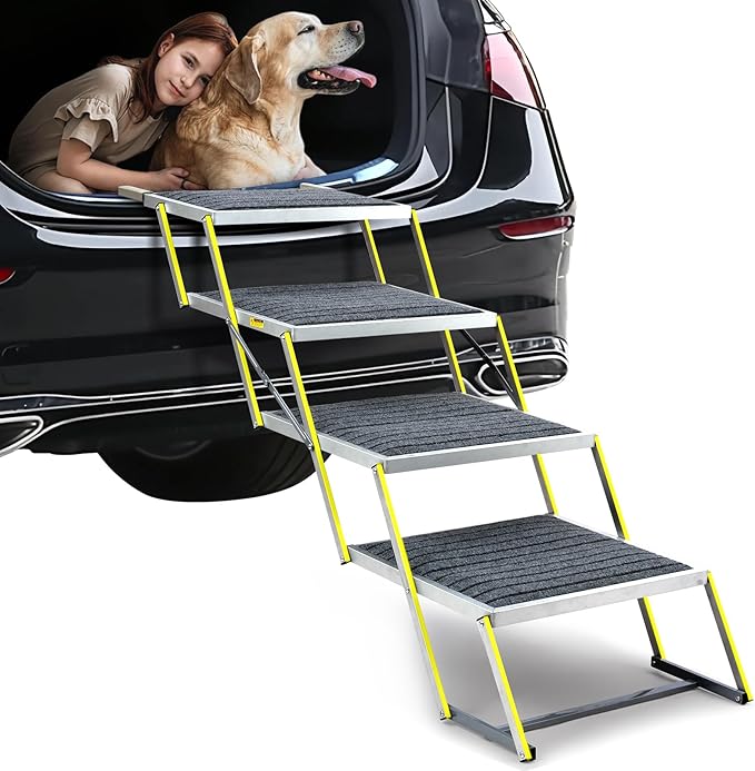 Dog Stairs for Large Dogs - Reflective 20" Wide Dog Car Ramp, 4-Step Aluminum Stairs with Non-Slip Carpet - Foldable Design for Trucks/SUVs/Beds - Heavy Duty 200Lbs Capacity for Large Breeds
