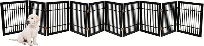 Pet Dog Gate Strong and Durable Freestanding Folding Acacia Hardwood Portable Wooden Fence Indoors or Outdoors by Urnporium (Black Pet Gate, 10 Panel 24" Tall)