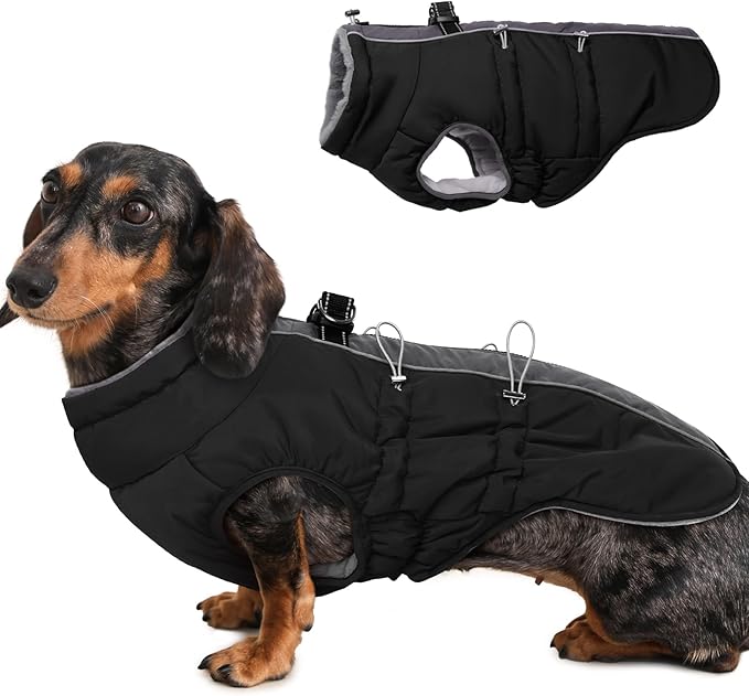 Medium Dog Coat - Warm Zip Up Snowsuit Dog Harness Vest, Reflective, Water-Resistant, Black
