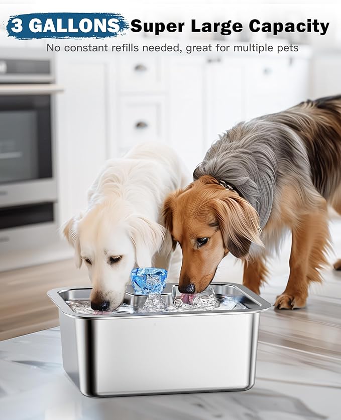PETNF Dog Water Fountain for Large Dogs, 11L/3Gallon Stainless Steel Large Dog Fountain Water Bowl, Automatic Pet Water Bowl Dispenser with 2 Filters Indoor, Quiet and Safe Pump, Easy to Clean