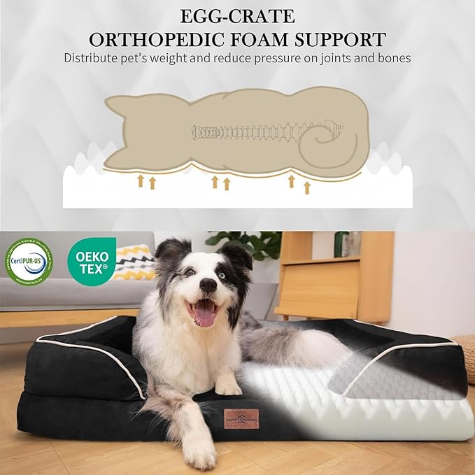 Comfort Expression Orthopedic Dog Bed for Large Dogs 38x25 Inch, Waterproof Supportive Egg Crate Foam Large Pet Bed with Removable Bolsters, Dog Couch with Washable Cover & Non-Slip Bottom, Black