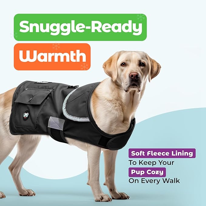 Joyride Harness FrostFlex Dog Winter Jacket - Fleece Lined & Water-Resistant - Snowsuit with Pockets for Treats & Poop Bags - Durable Cold Weather Dog Coat - Black Onyx-L