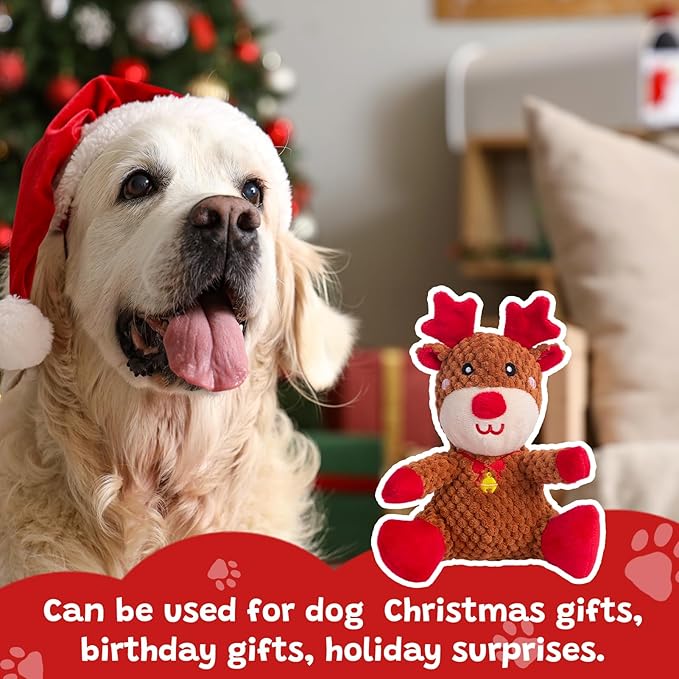 Hollypet Christmas Squeaky Plush Stuffed Durable Dog Toys, Cute Puppy Chew Toys for Small, Medium and Large Breed Dogs, Sitting Elk