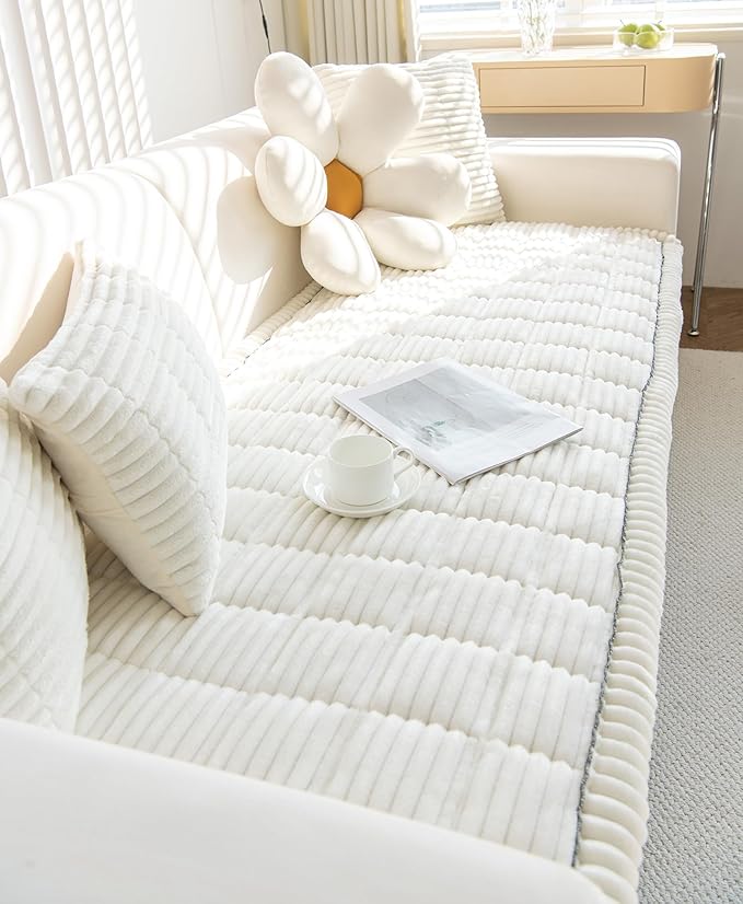 Faux Fur Plush Dog Couch Cover 3D Stripe Fuzzy Sofa Cover Non-Slip Fluffy Dog Bed Cover Pet Blanket Sofa Couch Furniture Protector for Puppy Large Dog Cat (Cream,35"x70")