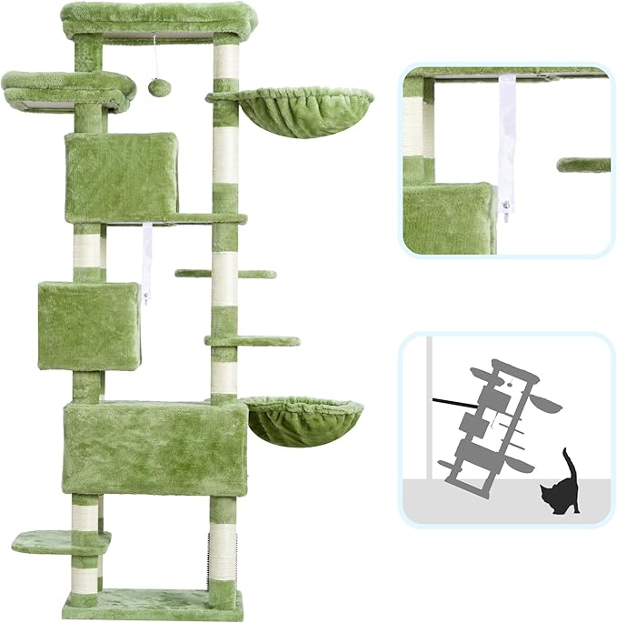 Hey-brother Cat Tree, 74 inches Multi-Level XL Large Cat Tower for Indoor Cats with Three Cat Condos, Two Large Top Decks and Cat Hairbrushfor Kittens, Cats and Pets, Green MPJ035-MGR