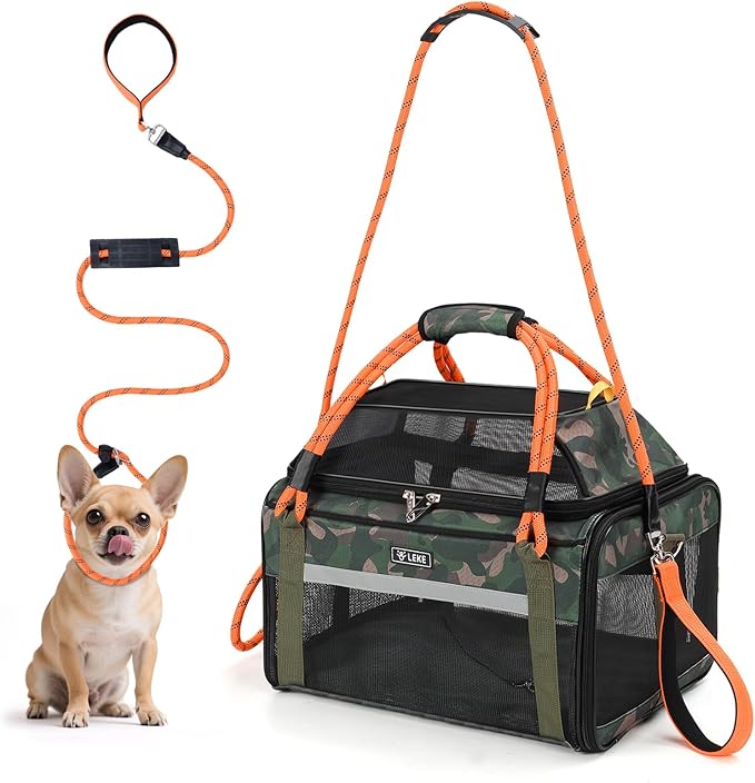 Lekereise Top Expandable Pet Carrier TSA Airline Approved Soft Sided Underseat Up to 12lbs Travel Carriers for Small Cats and Dogs with Convertable Dog Leash and Anti-Scratch Mesh