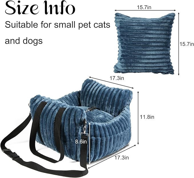 Dog Car Booster Seat, for Small Dogs Under 30 lbs, Detachable Washable Travel Bed with Storage Pockets and Safety Belt (SOMKY Blue, Medium)