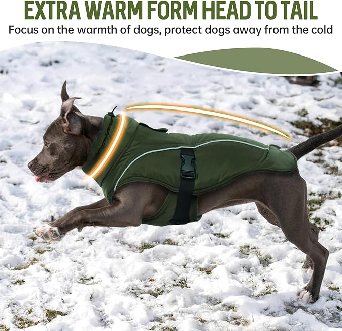 DENTRUN Extra Large Warm Dog Jacket - Windproof Water Repellent Reflective Coat, Adjustable Plush Turtleneck, Easy Wear Fleece Lined Cold Weather Vest for Great Dane, Army Green, XXXL
