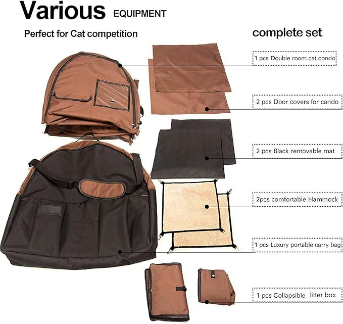 Mispace Portable Twin Compartment Show House Cat Cage/Condo - Easy to Fold & Carry Kennel - Comfy Puppy Home & Dog Travel Crate with Portable Carry Bag/Two Hammocks/Mats and Collapsible Litter Box