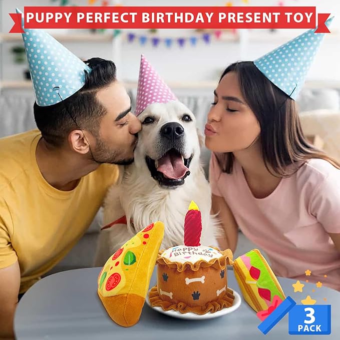 Birthday Squeaky crinkly Cake Aggressive chew for pups Sandwiches Pizza Party Dog Toy Colorful Playset to Keep Your Furry Friend Busy with 3 Pack Gift Toys