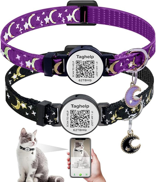 2PCS Breakaway Cat Collars with Moons Stars Cute Kitty Adjustable Safe Kitten Collars with Smart ID QR Code tag,Moon and Star Kitten Safety Collars for Boys & Girls(Black & Purple)