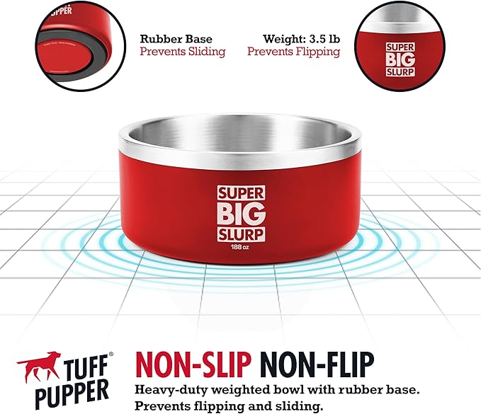 Tuff Pupper Heavy Duty Insulated Dog Bowl | Double Wall Stainless Steel Dog Food Dish | Non-Slip Spill Proof Dishwasher Safe Cat Bowl | Water Dish for Feeding Large Medium Small Pets (188oz, Red)