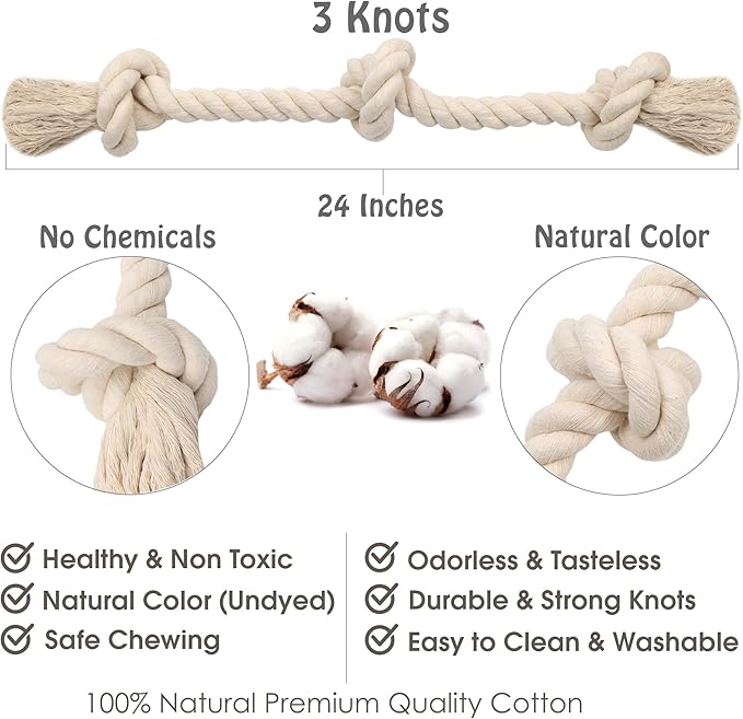 Barida Natural White Cotton Tough Dog Rope Toy. Non Toxic and Premium Rope Dog Tug Toy for Medium & Large Dogs.