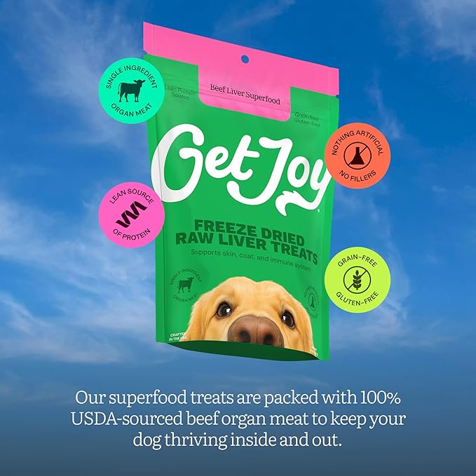 Get Joy Freeze Dried Superfood 100% Beef Liver Dog Treats, 4 Ounce Bag, Single Ingredient Organ Meat, High Protein, Vision, Skin & Coat Health, Muscle Repair, Grain Free, Gluten Free, Made in USA