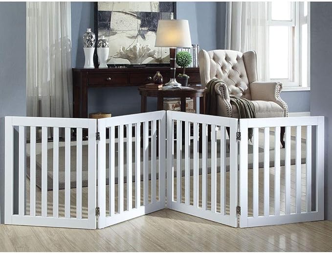 unipaws 24”H Free Standing Pet Gate for Dog Cat, Wooden Gates for Doorway, Stairs, Step Over Foldable Pet Fence for The House, Expandable Dog Barrier, Indoor Use, White