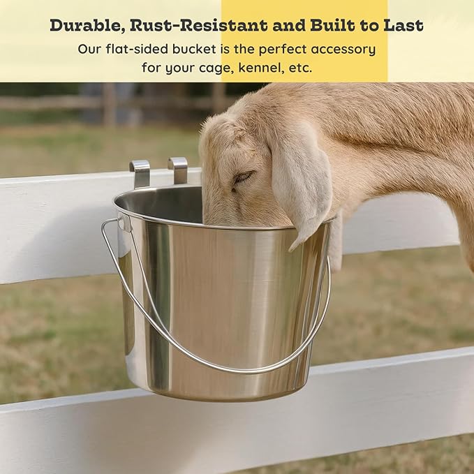 9 Quart Stainless Steel Flat Sided Pail with Dual Hooks | Food & Water Hanging Bucket for XL Dog, Goat, Sheep, Calves & Livestock | Fits Kennels, Crates, Cages & Farm | Multipurpose Use