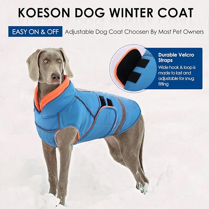 KOESON Dog Coat for Large Dogs, Warm Dog Winter Coat Cold Weather Jacket with Leash Hole & Reflective Straps, Waterproof & Windproof Pet Puffer Jacket, Adjustable Fleece Vest for Pitbull, Turquoise L