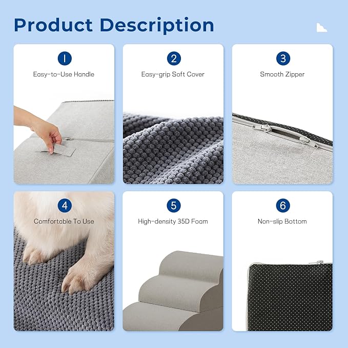 Pet Stairs for Small Dogs 15.7" H - Dog Stairs for Couch and Bed, 35D Foam Dog Steps Ramp with Non-Slip Bottom Grey, 3 Steps