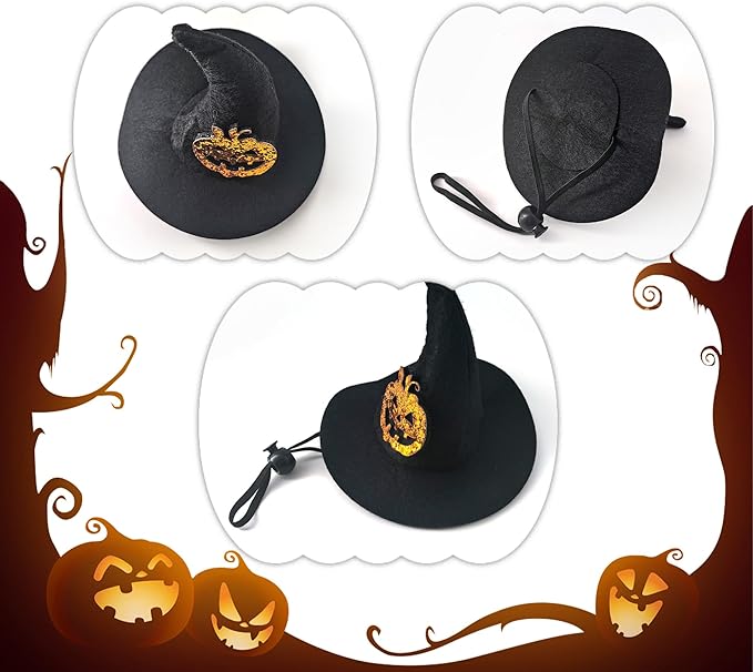 Halloween Pet Costume, Witch Hat for Cats Dogs, Black Adjustable Wizard Hat with Pumpkin Design, Witch Accessories for Small Medium Pets