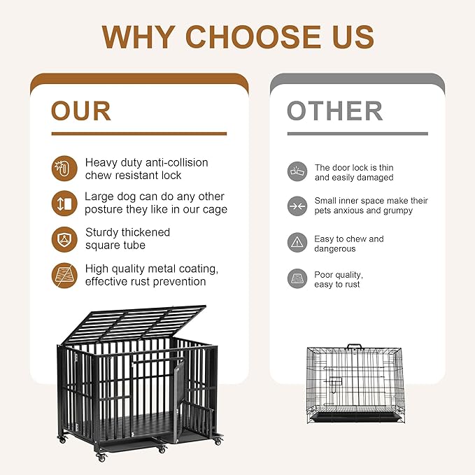 Polar Aurora Heavy Duty Dog Crate, Foldable Indestructible Dog Kennel, Escape Proof Extra Large Dog Cage with Lockable Wheels, High Anxiety Pet Playpen with Double Door for Indoor/Outdoor Use. (60in)