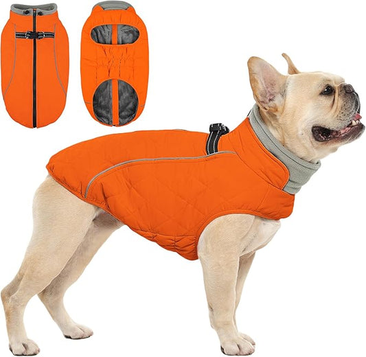 QBLEEV Dog Coat for Medium Dogs, Waterproof Dog Winter Coat with Built-in Harness and D-Ring, Zip Up Pet Cold Weather Coats with Fleece Lined, Warm Snowsuit Gear Vest for Pug Boston Terrier, Orange, M