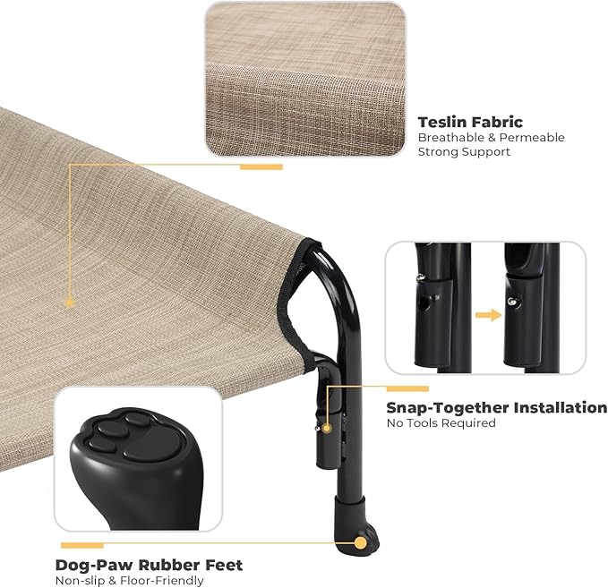 Veehoo Large Elevated Dog Bed, Outdoor Raised Dog Cot Hammock Bed with One-Sided Removable Headrest Bolster, Cooling Breathable Washable Teslin Mesh, Off Ground, Anti-Slip, L, CWC2204BCP