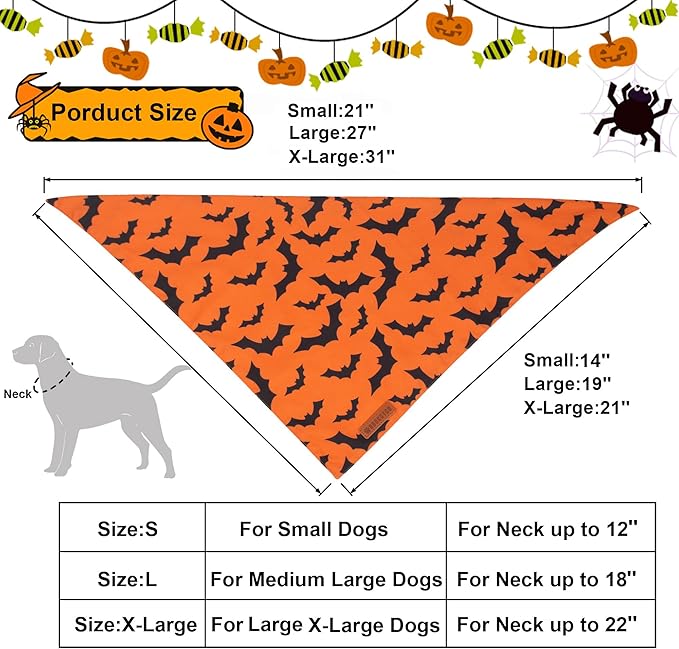 ADOGGYGO Halloween Dog Bandana, Pumpkin Bat Pet Scarf, Premium Durable Fabric, Orange Black Halloween Bandanas for Medium Large Dogs Pets (Large)