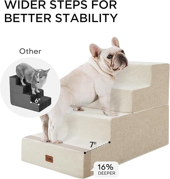 Made4Pets Dog Steps for Bed, Extra Wide Dog Stairs for High Bed Couch Sofa, 35D Foam Pet Steps for Small Dogs and Cats(Up to 40lbs), Non-Slip Bottom Pet Stairs, Beige, 4 Steps