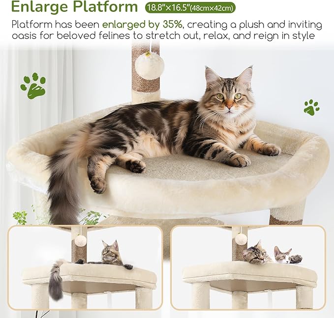 Globlazer Extra Large Platform Cat Tree, 65in Tall Sturdy Cat Tree for Indoor Cats Large Adult, Big Cat Tower for Big Cats with 3 Enlarged Perches, 6 Scratching Posts, Cat Condo, Hammock, S65, Beige